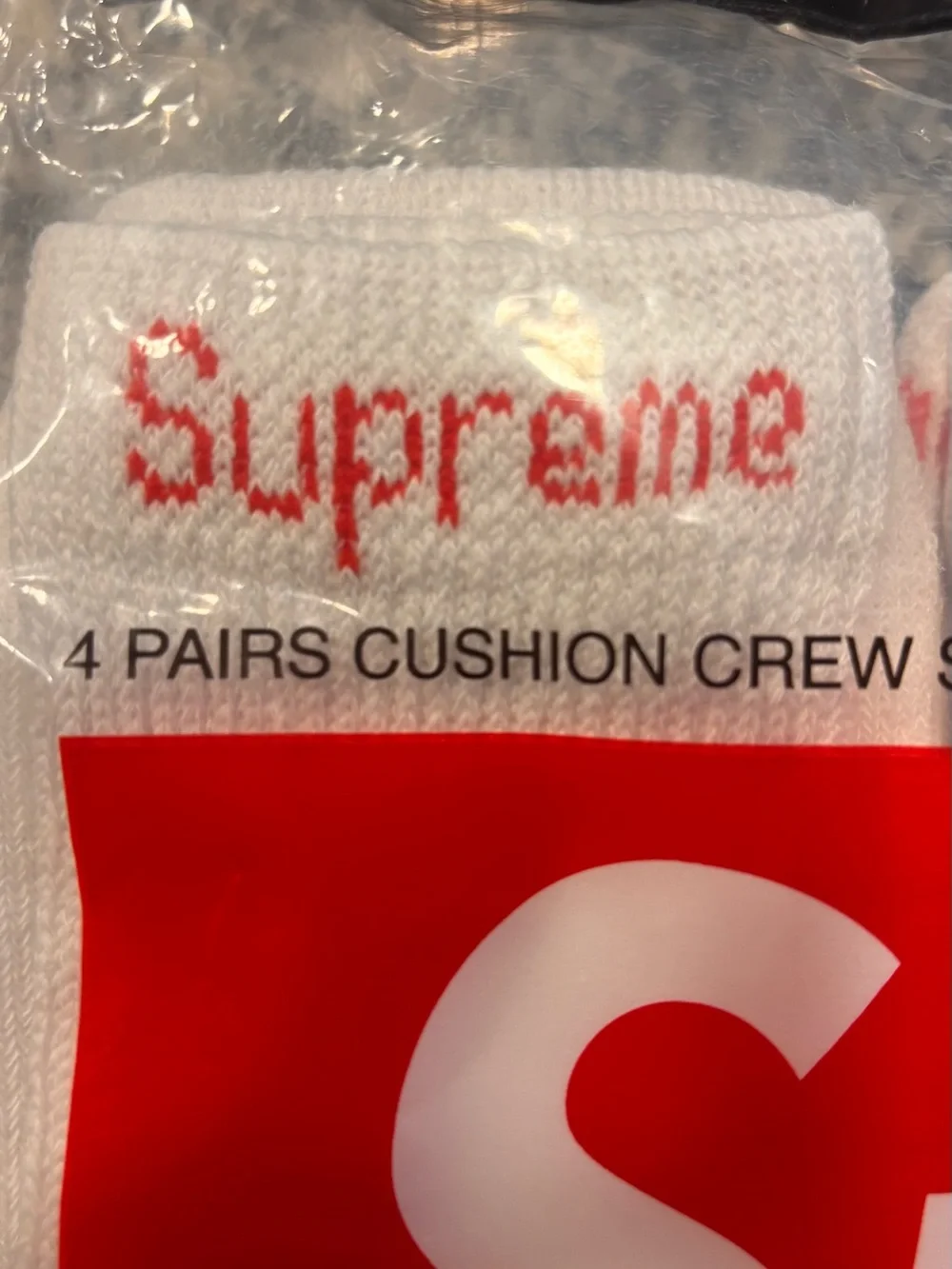 Supreme x Hanes White Crew Socks 4-Pack with Red Logo